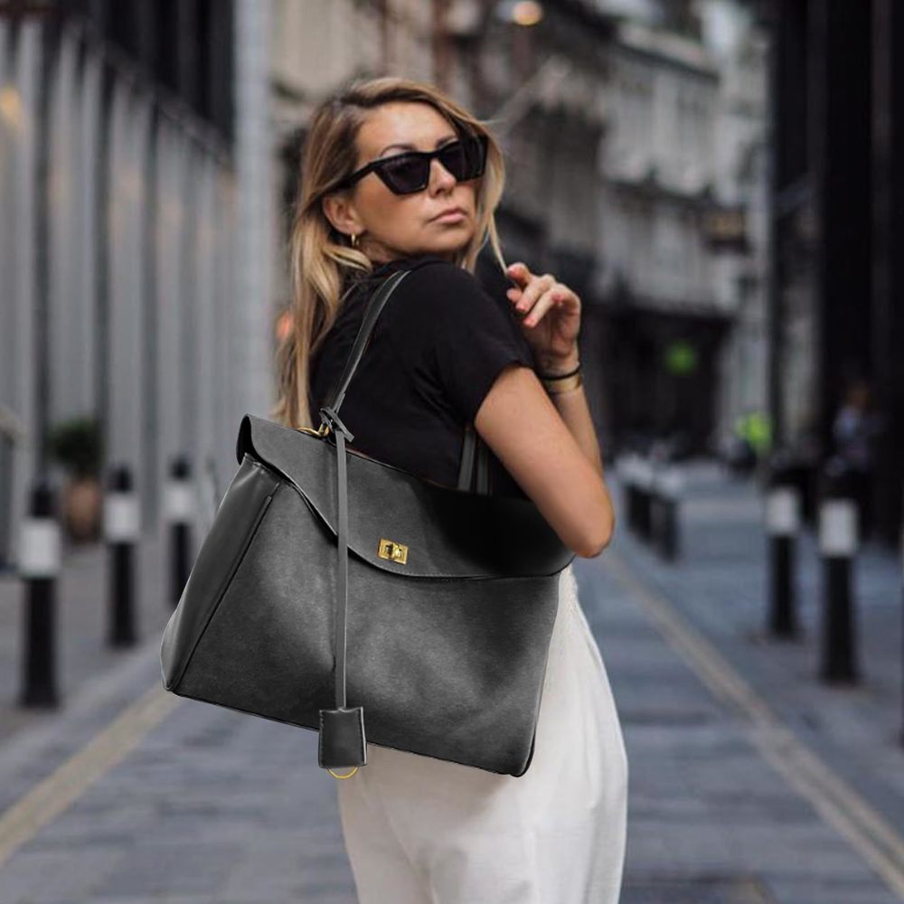 Leather Suede Tote Bag Genuine Leather Shoulder Handbag - Large :') - Picture 5 of 6